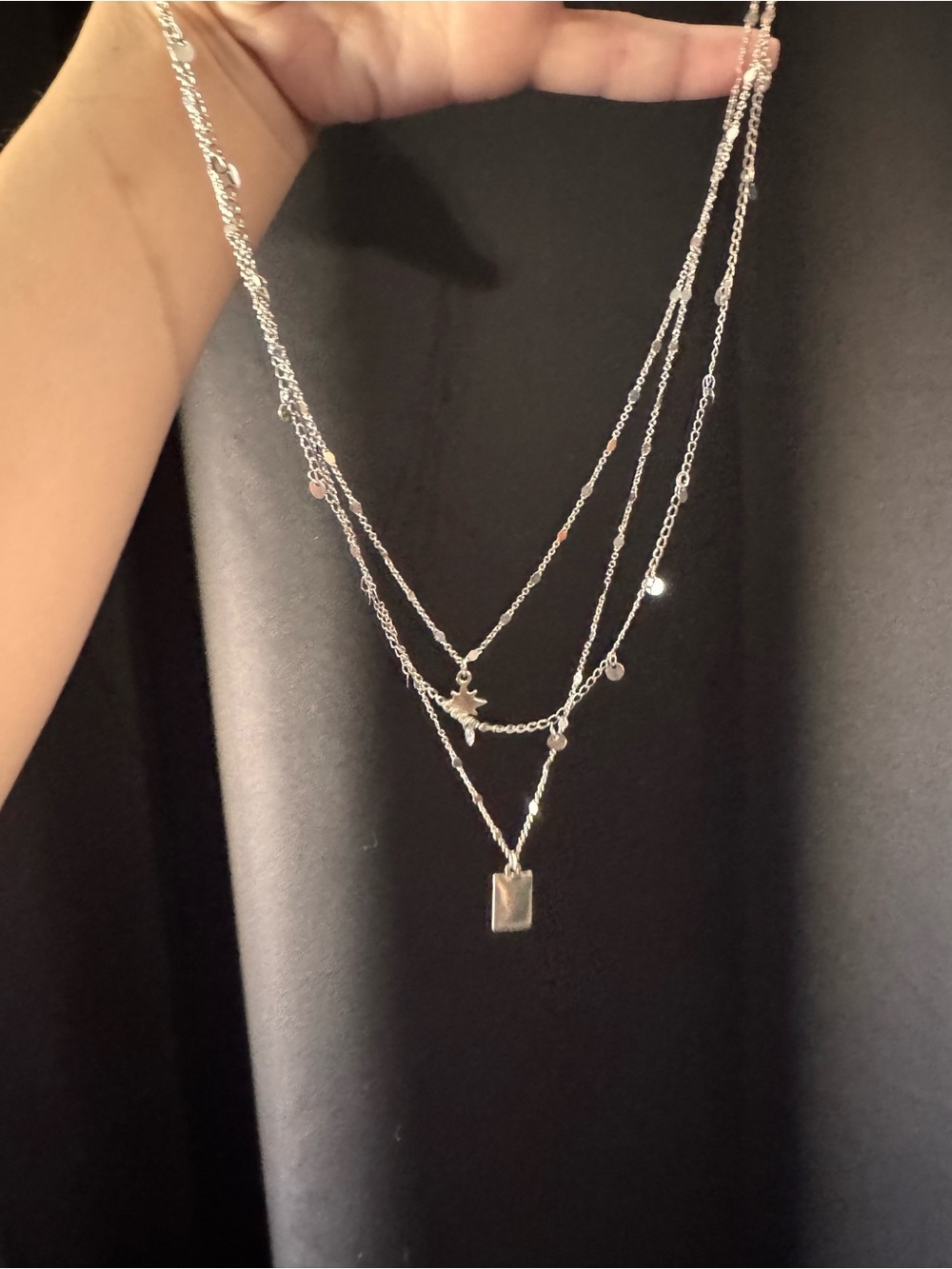 Layered Silver Star and Rectangle Pendant Necklace - Women Jewelry